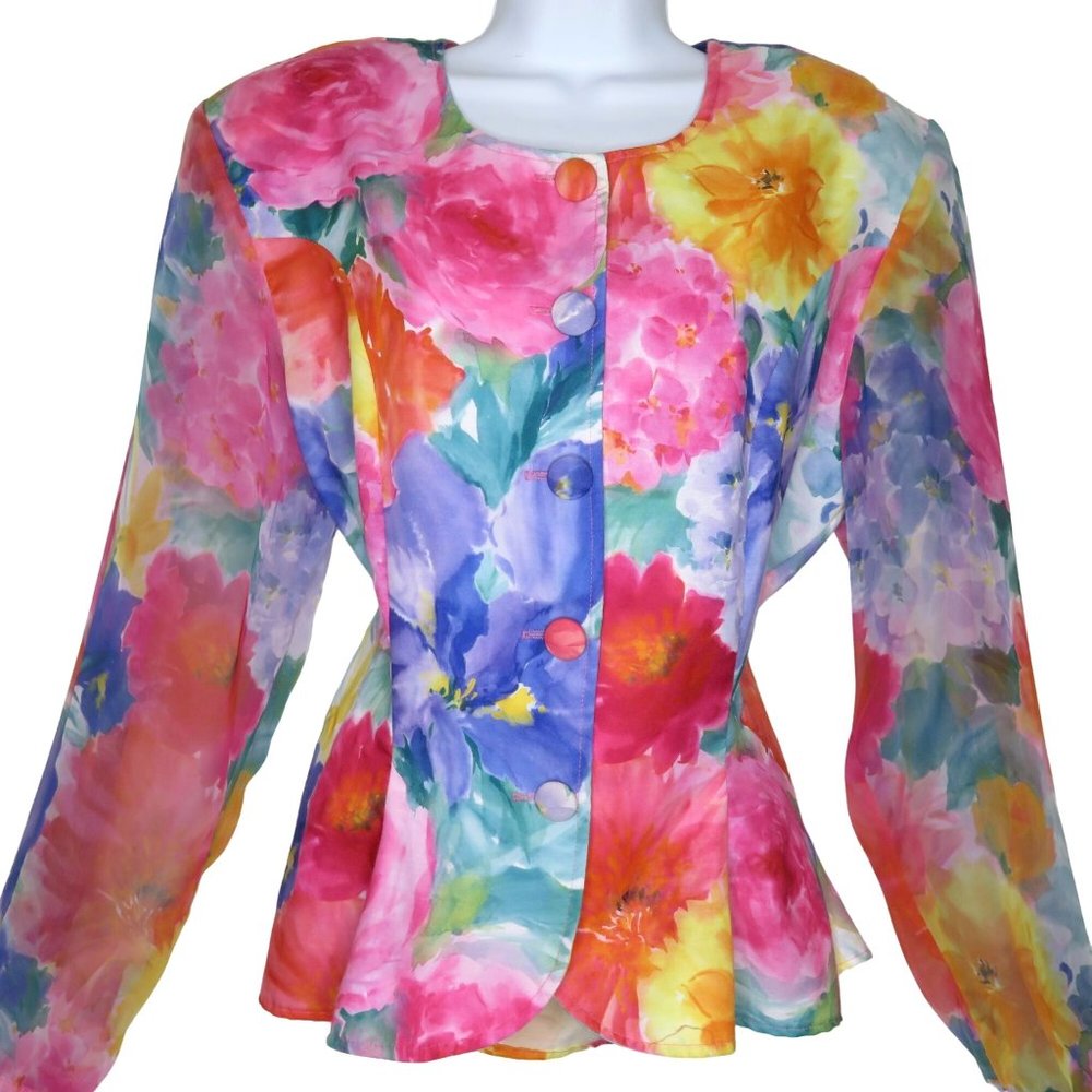 Vintage Floral Peplum Jacket Blouse Blazer Chiffon Sleeve Buttons Shoulder Pads